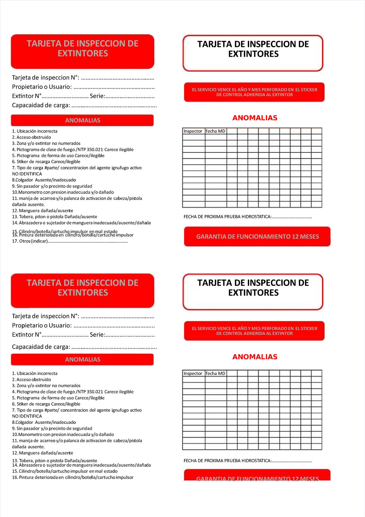 TARJETA DE INSPECCIÓN DE EXTINTORES - GARANTÍA Y ANOMALÍAS - Document Preview