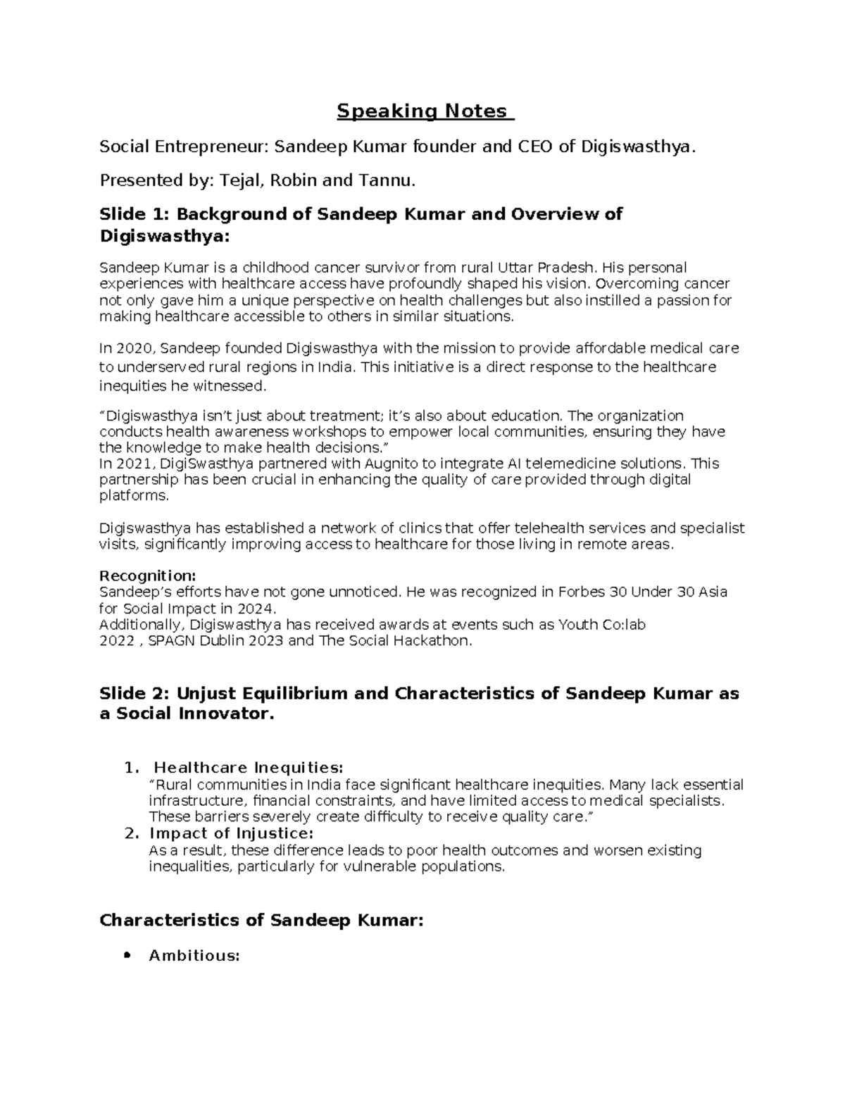 Speaking Notes for presentation Innovation - Speaking Notes Social ...