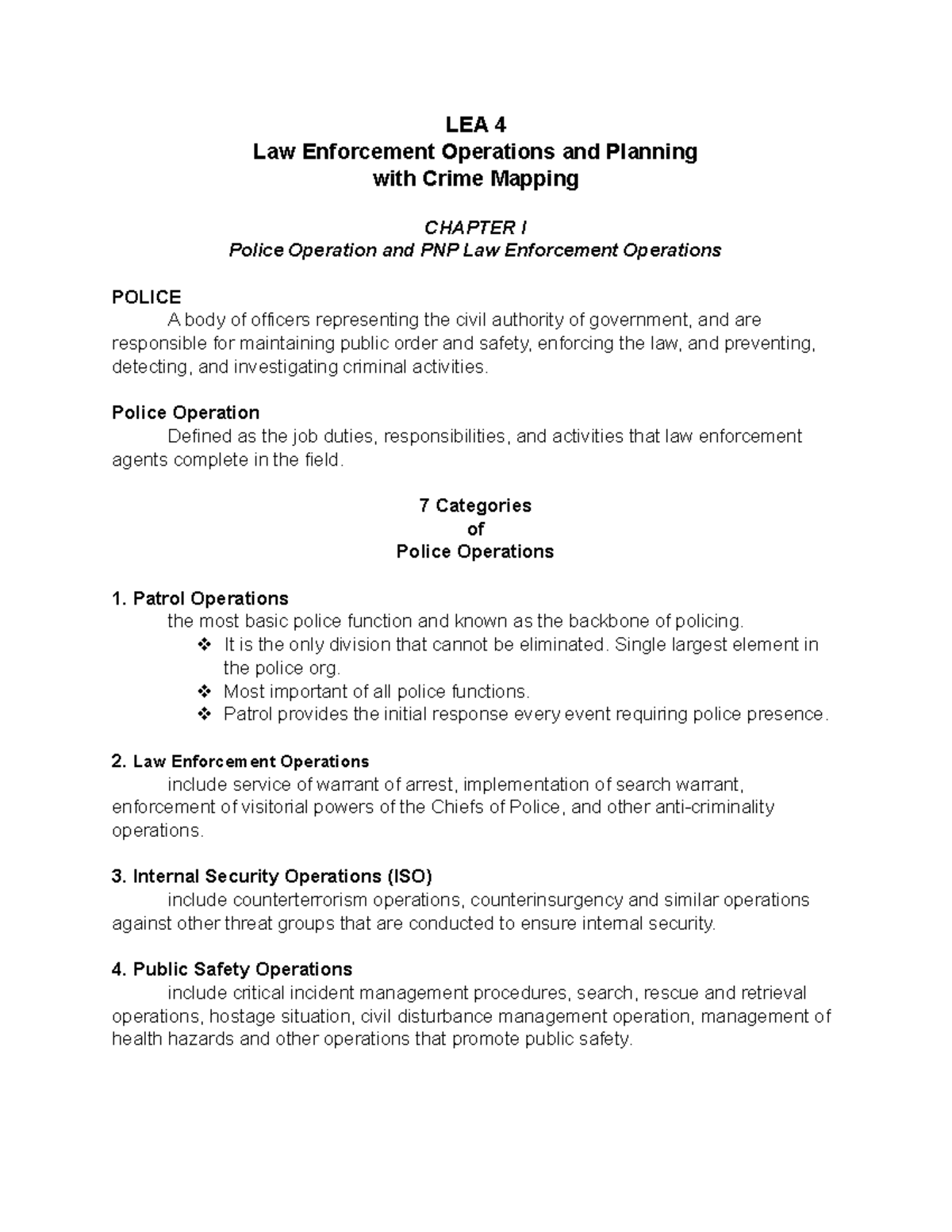 LEA 4 Chapter 1 - Overview of Police Operations and PNP Functions - Studocu