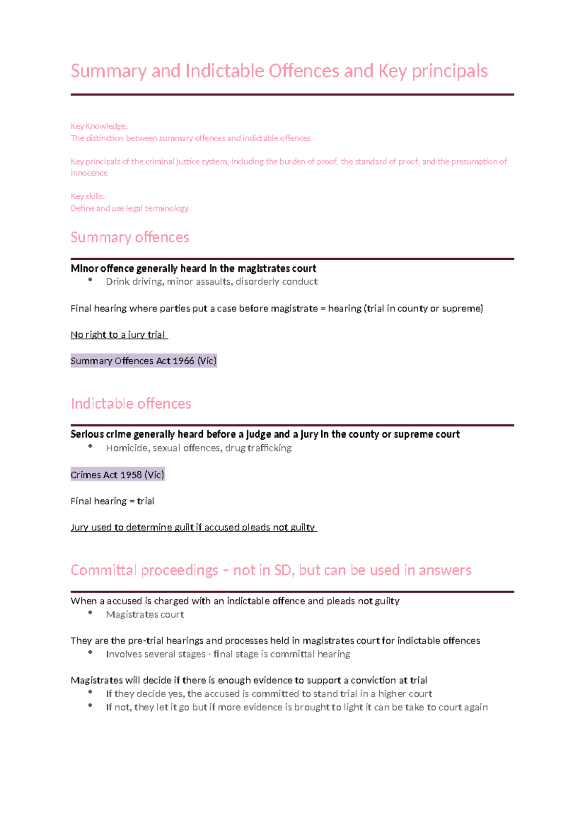 Summary and Indictable Offences: Key Principles and Legal Terms - Studocu