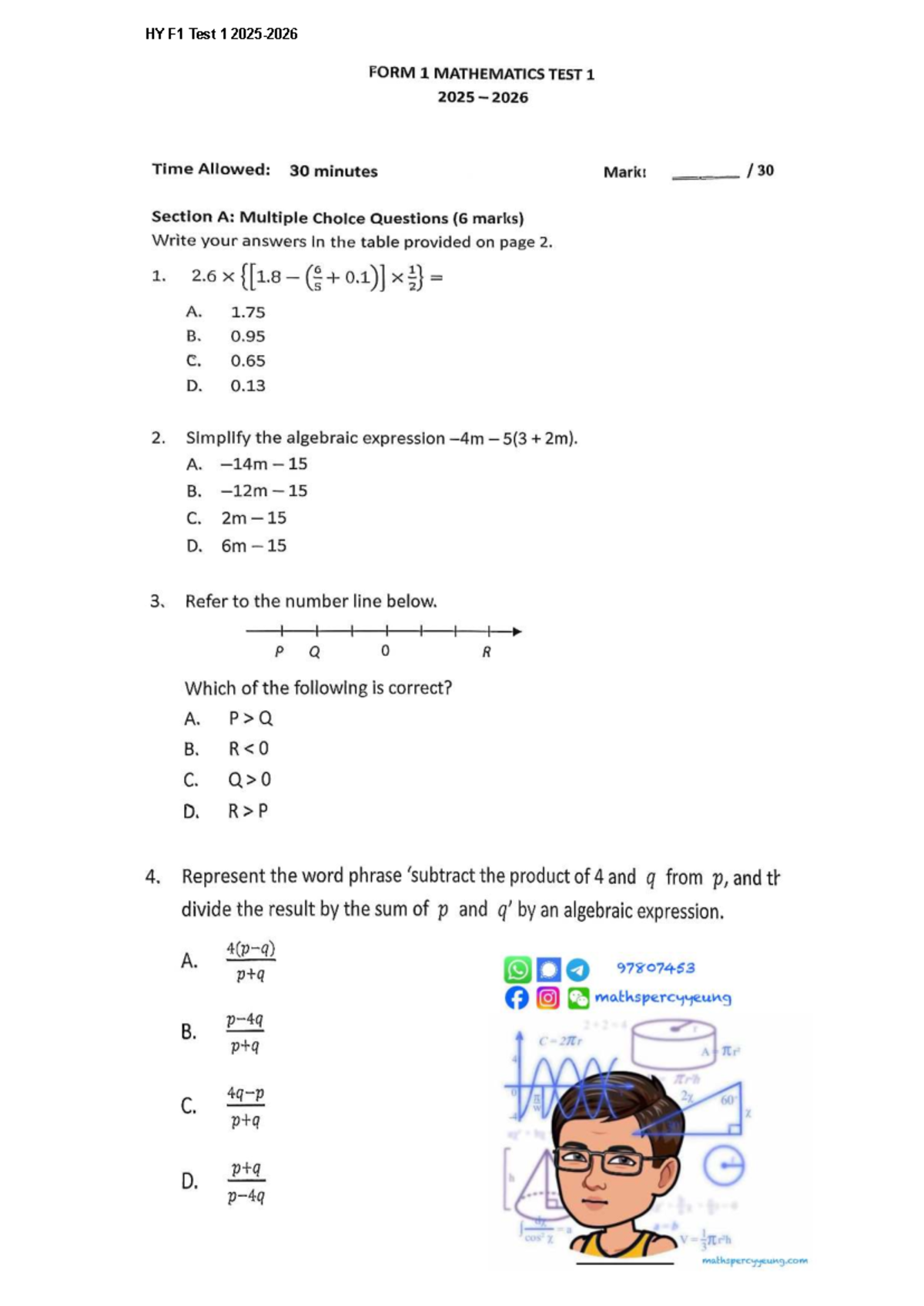 HY F1 Mathematics Test 1 (2025-2026) - 30 Min Duration - Studocu