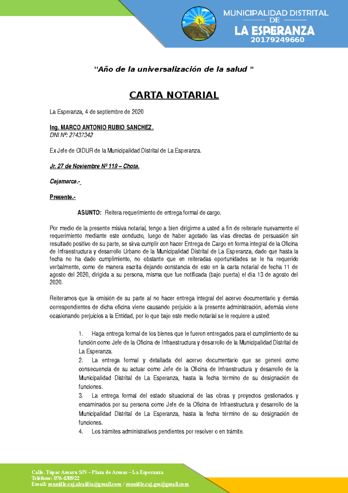 Carta Notarial Reiterando Entrega de Cargo - Municipalidad 20179249660 - Document Preview