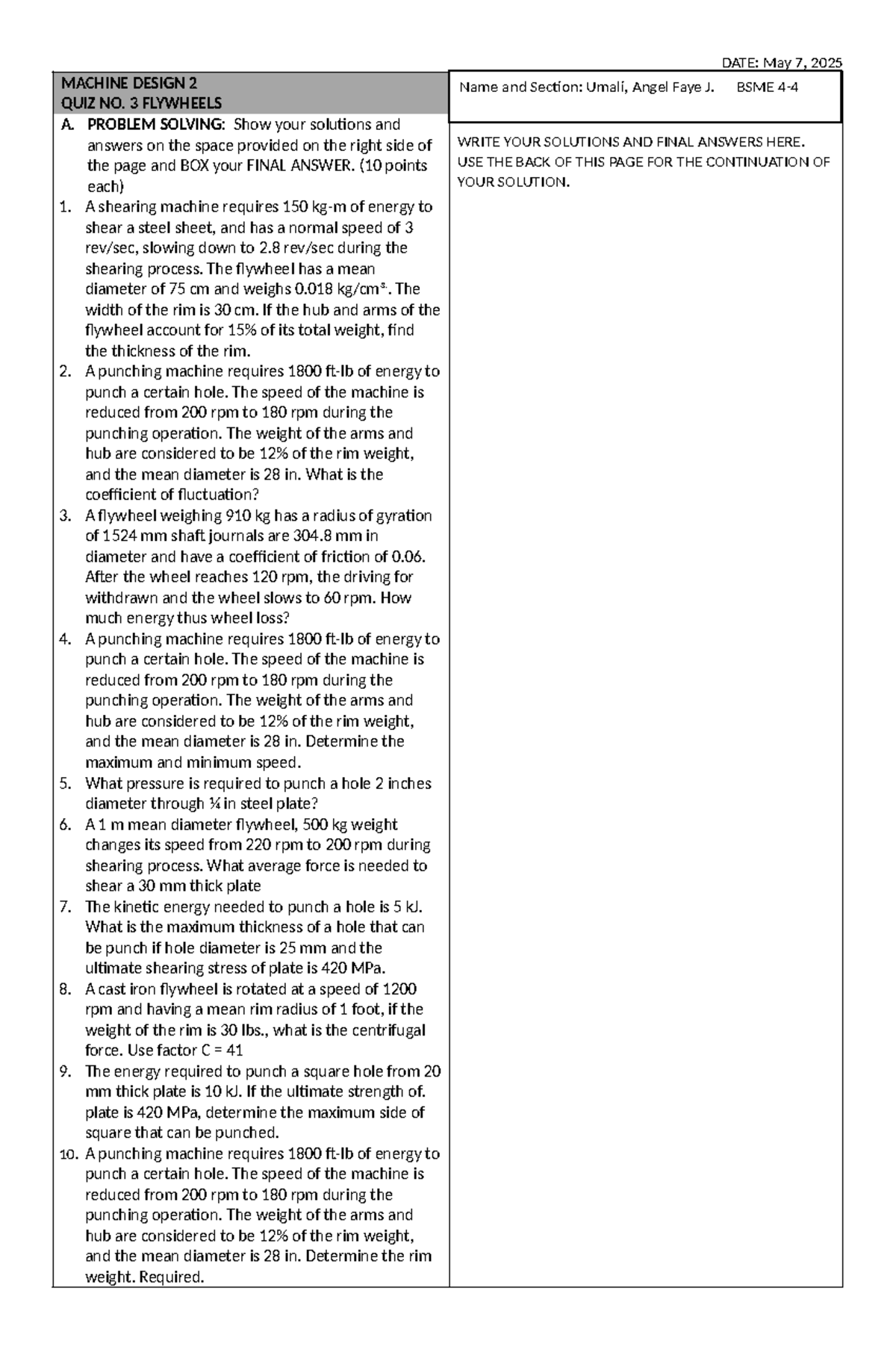 BSME MACHINE DESIGN 2 QUIZ NO. 3: FLYWHEELS PROBLEM SOLVING - Studocu