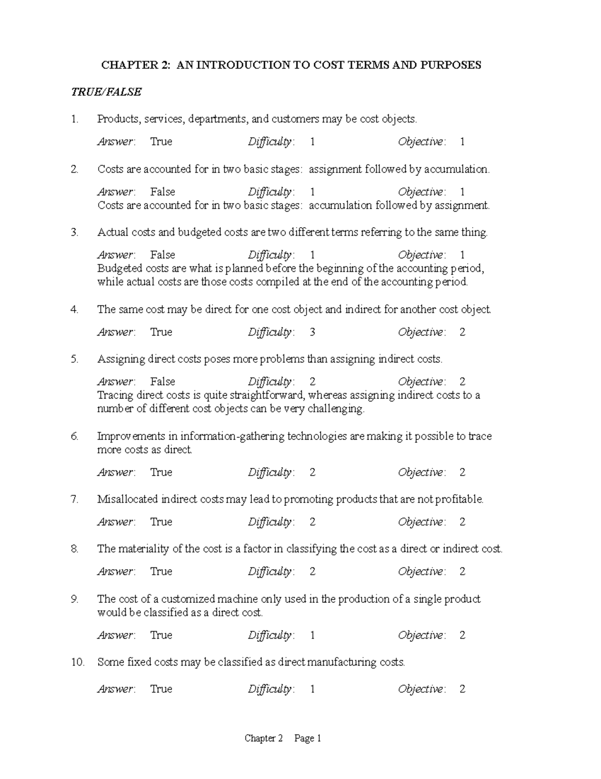 CH02TIF - cost accounting test bank ch 2 - CHAPTER 2: AN INTRODUCTION ...