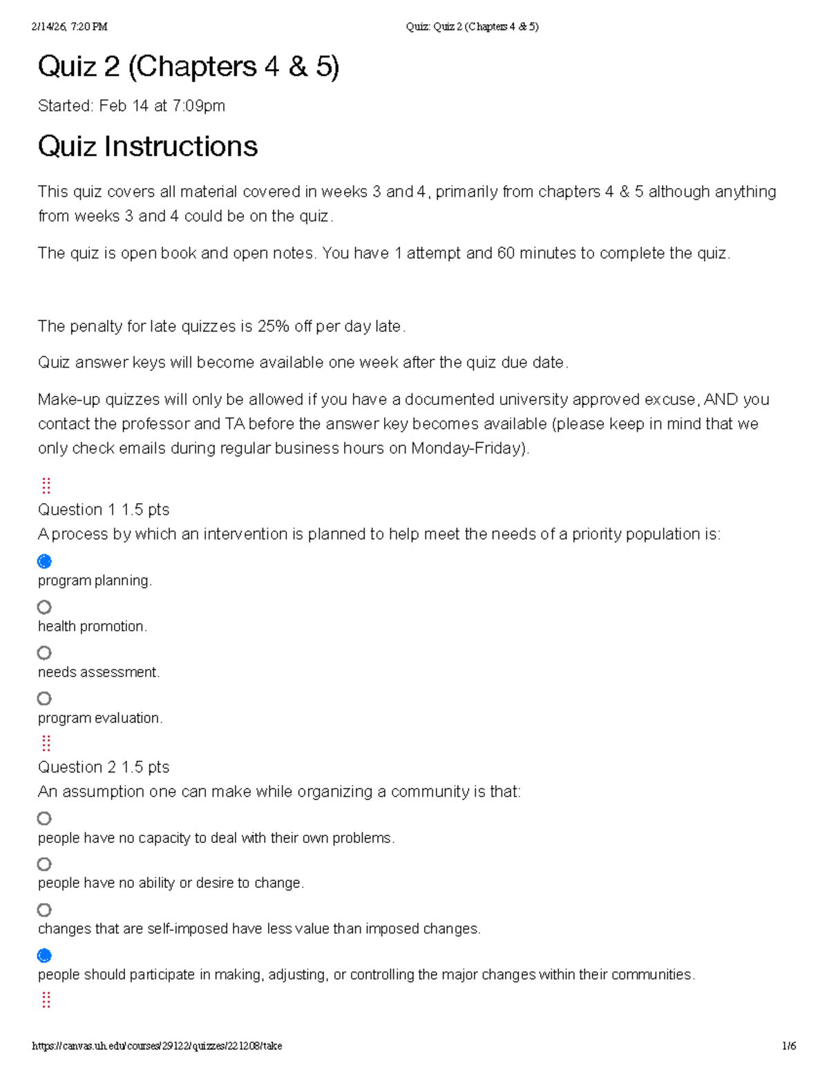 Quiz 2 (Chapters 4 & 5) - Health Promotion & Community Capacity - Studocu
