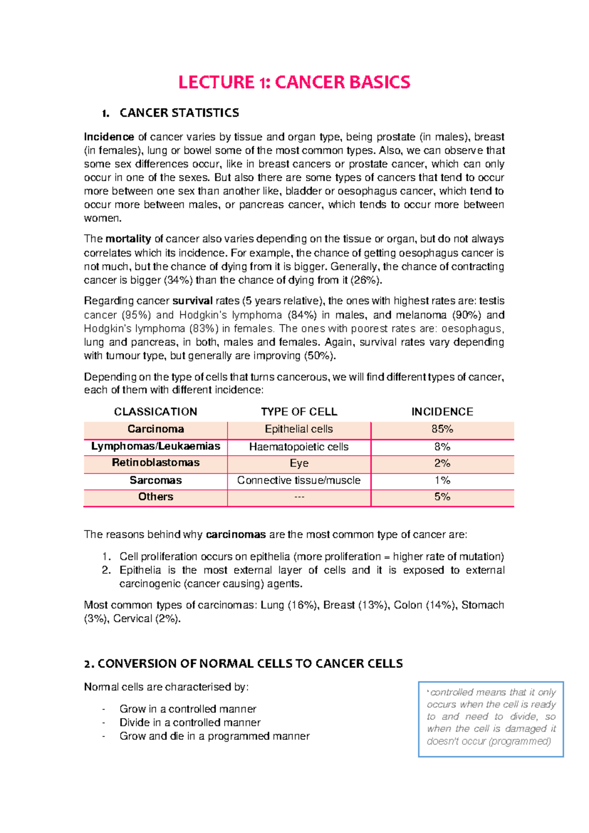 Lecture 1 & 2: Cancer Basics and Cell Cycle Insights - Studocu