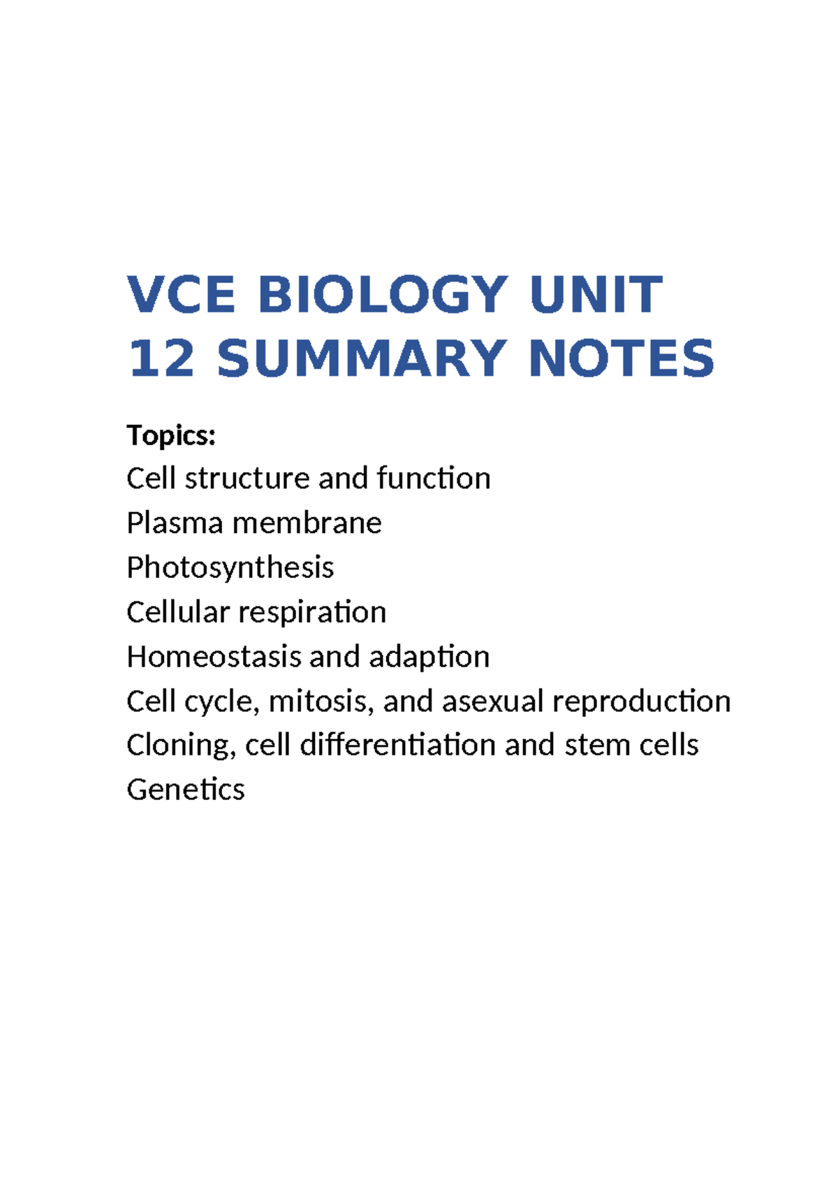 VCE Biology Unit 12: Comprehensive Summary Notes for Exam Preparation ...