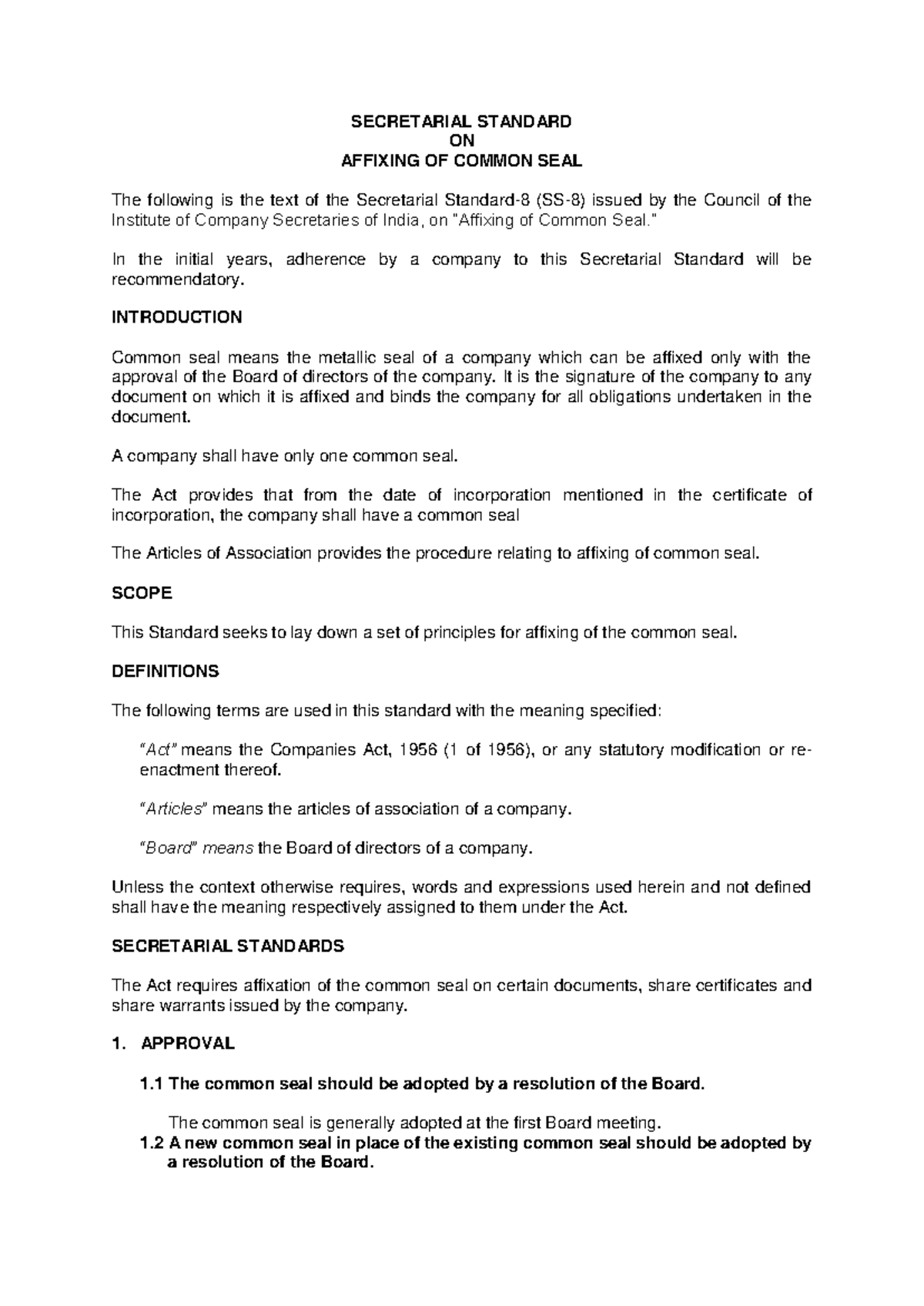 Secretarial Standard on Affixing Common Seal Guidelines - Studocu