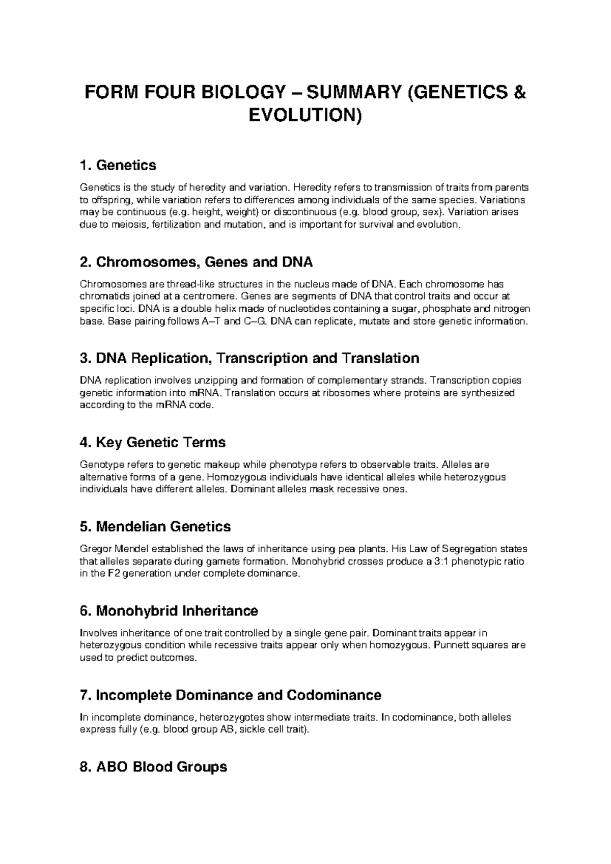 Form Four Biology Summary: Genetics & Evolution Overview - Studocu