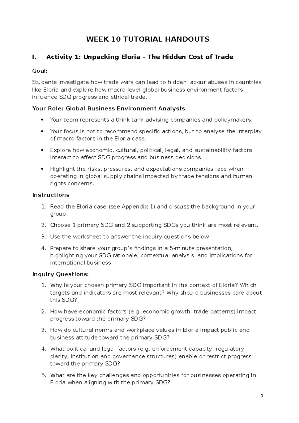WEEK 10 TUTORIAL HANDOUT: Analyzing Trade Wars & SDGs in Eloria - Studocu