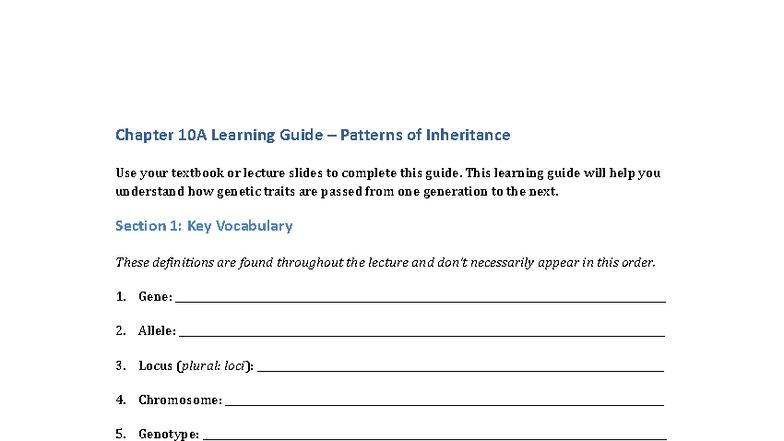 Chapter 10A Learning Guide: Patterns of Inheritance & Mendelian ...
