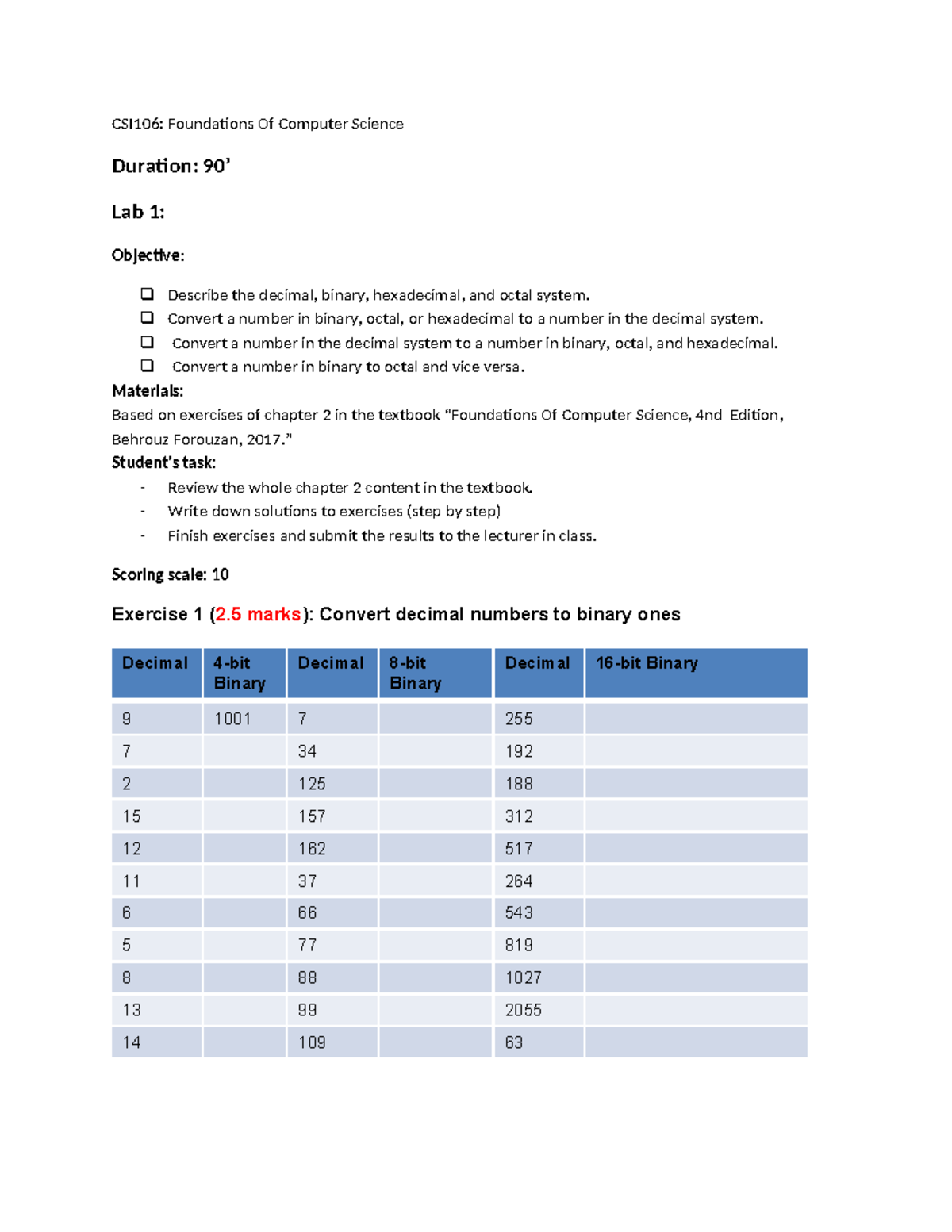 CSI106: Lab 1 - Number System Conversions and Exercises - Studocu