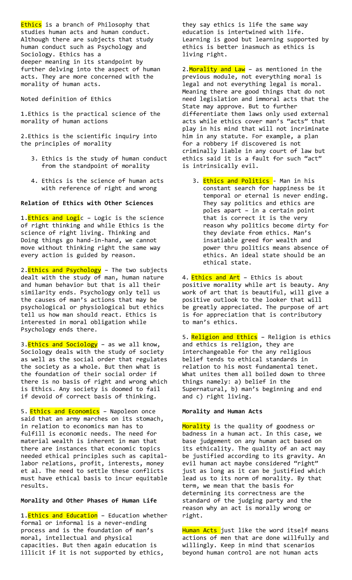 Ethics Notes - Ethics is a branch of Philosophy that studies human acts ...