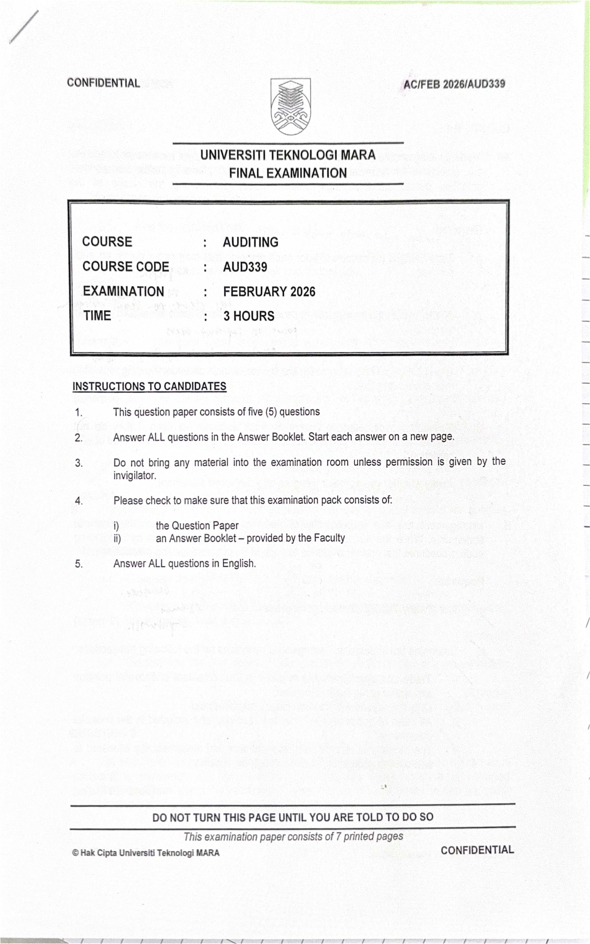 AUD339 Final Exam Paper - Auditing February 2026 - Studocu
