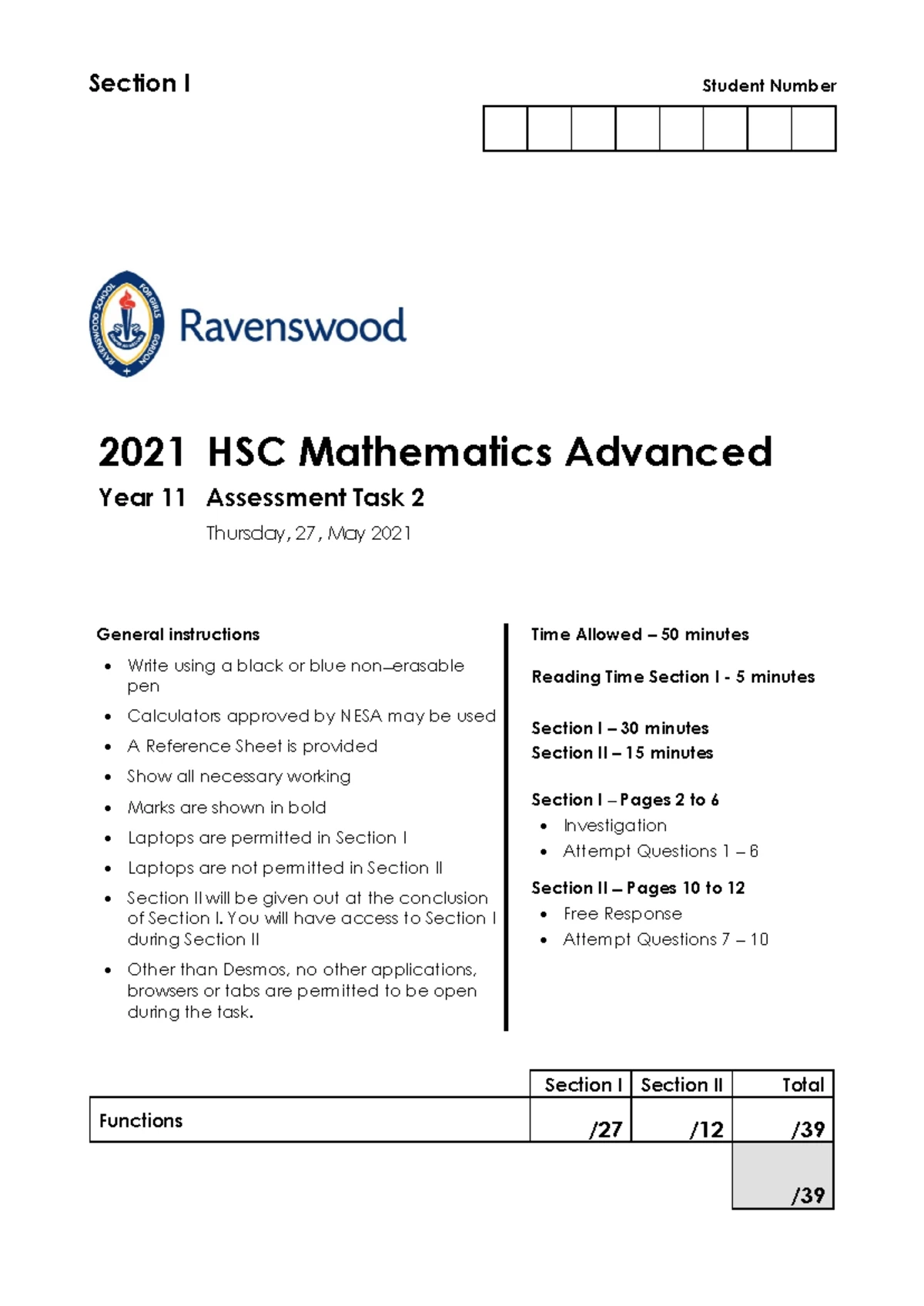 Mathematics Standard 2 HSC Assessment Task 3 - 2024 - Studocu