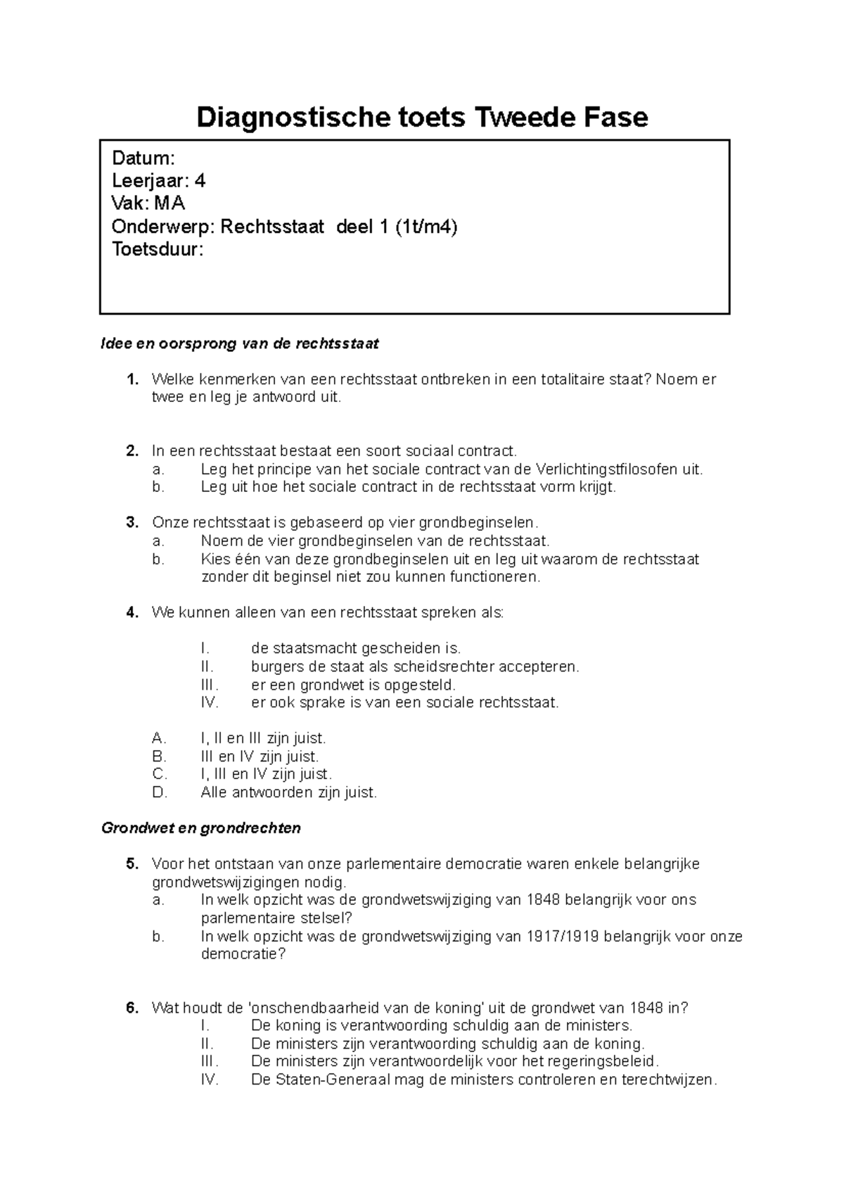 Diagnostische toets Rechtsstaat Deel 1 2022 R1 - Studeersnel