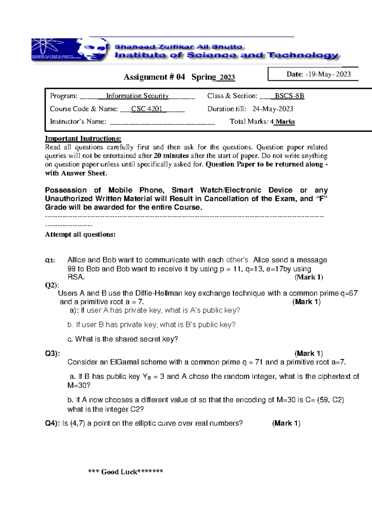 Assignment 4 - CSC 4201 - Information Security - BSCS-8B Exam - Studocu