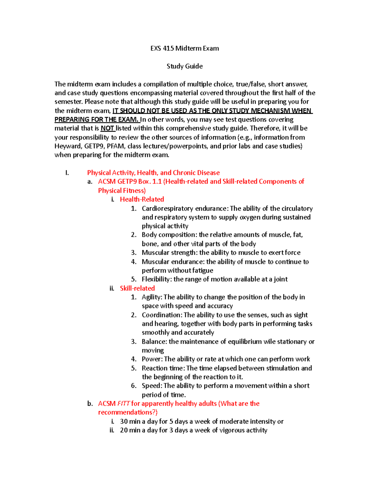EXS 415 Midterm Exam Study Guide - Key Concepts & Preparation Tips ...