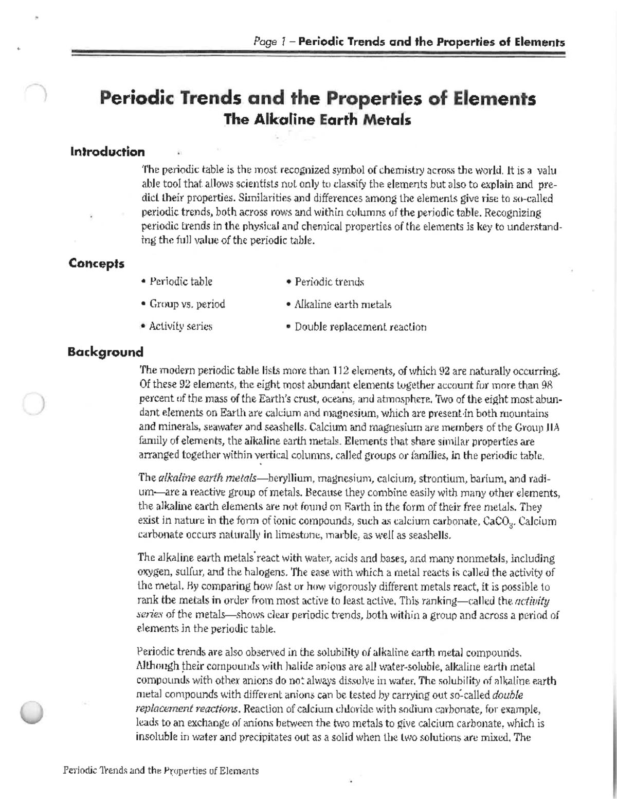 Periodic Trends & Properties of Elements: Alkaline Earth Metals Lab NPL ...