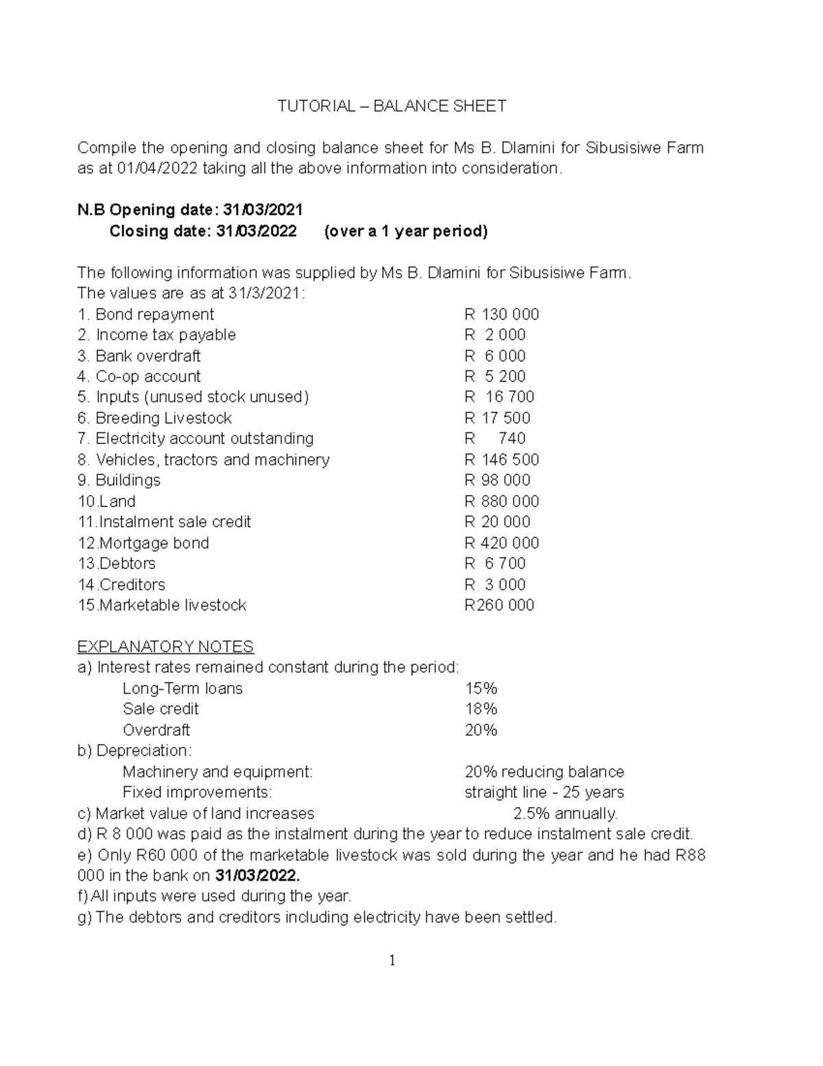 Balance Sheet Practical - TUTORIAL – BALANCE SHEET Compile the opening ...