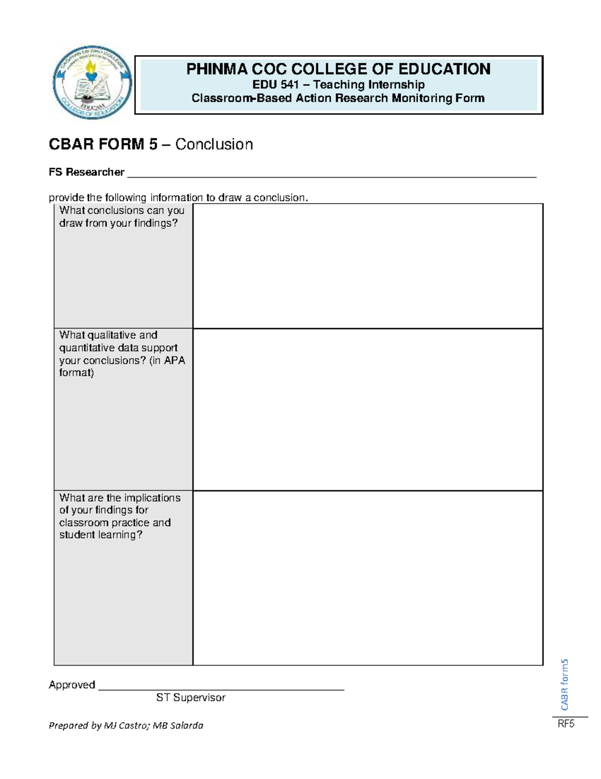 ST-CBAR-RF5 - for reseach - Prepared by MJ Castro; MB Salarda CABR form ...