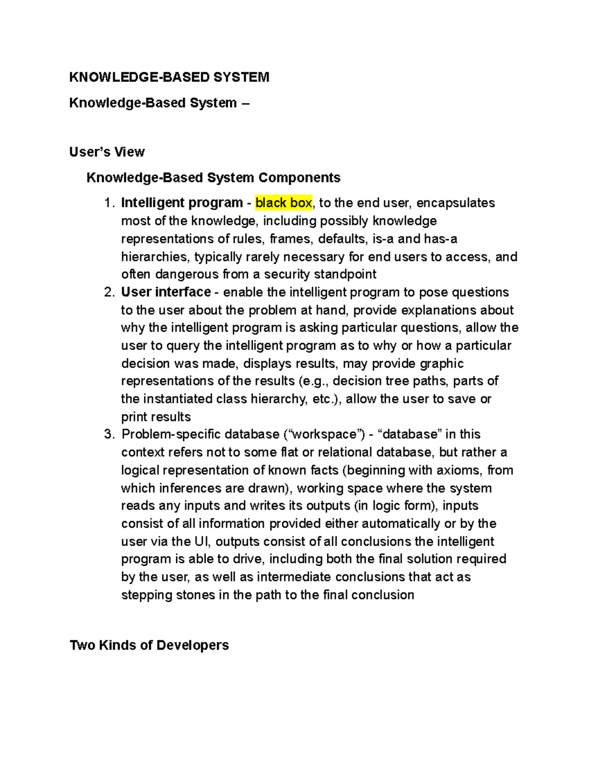 ITD 109: Knowledge-Based System Overview and Components - Studocu