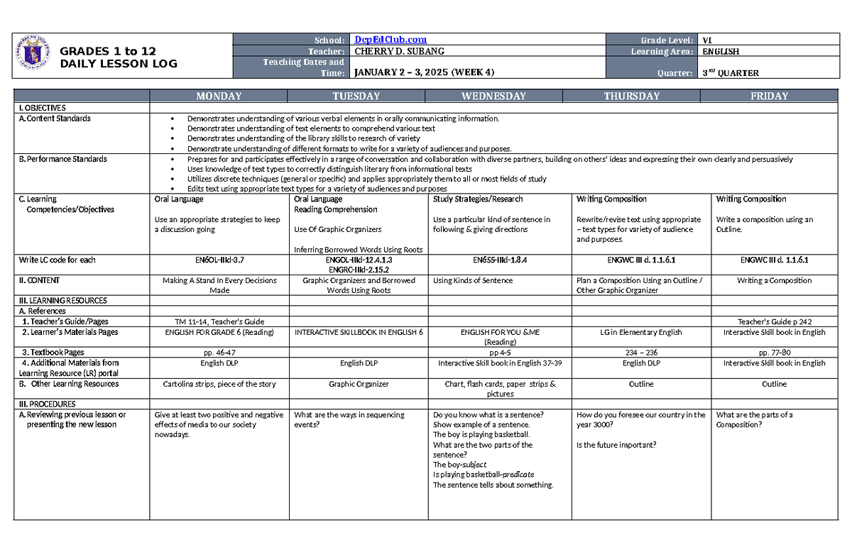 DLL English 6 Q3 W4 - Daily Lesson Log and Teaching Guide - Studocu