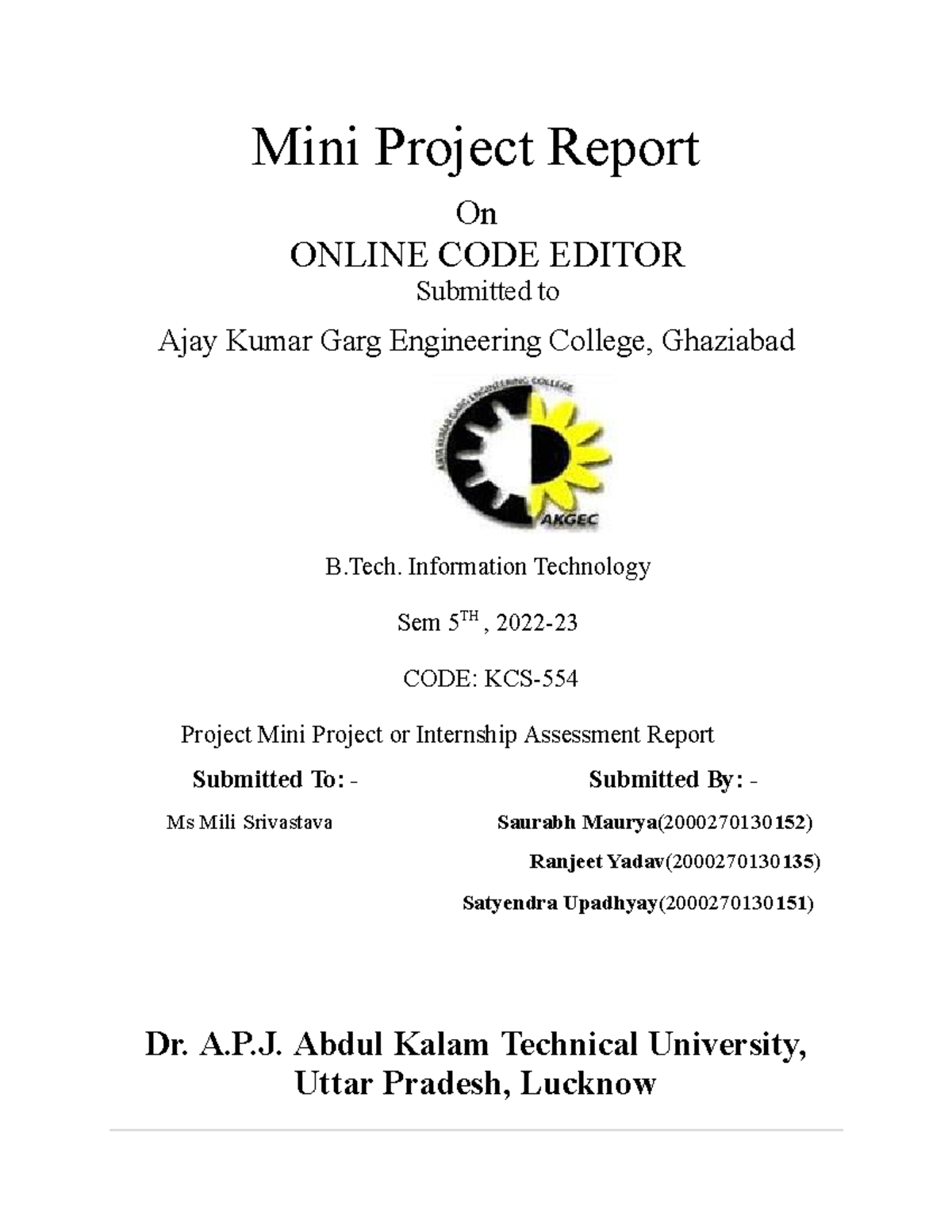 KCS Mini Project Report: Online Code Editor for B.Tech IT Sem 5 - Studocu