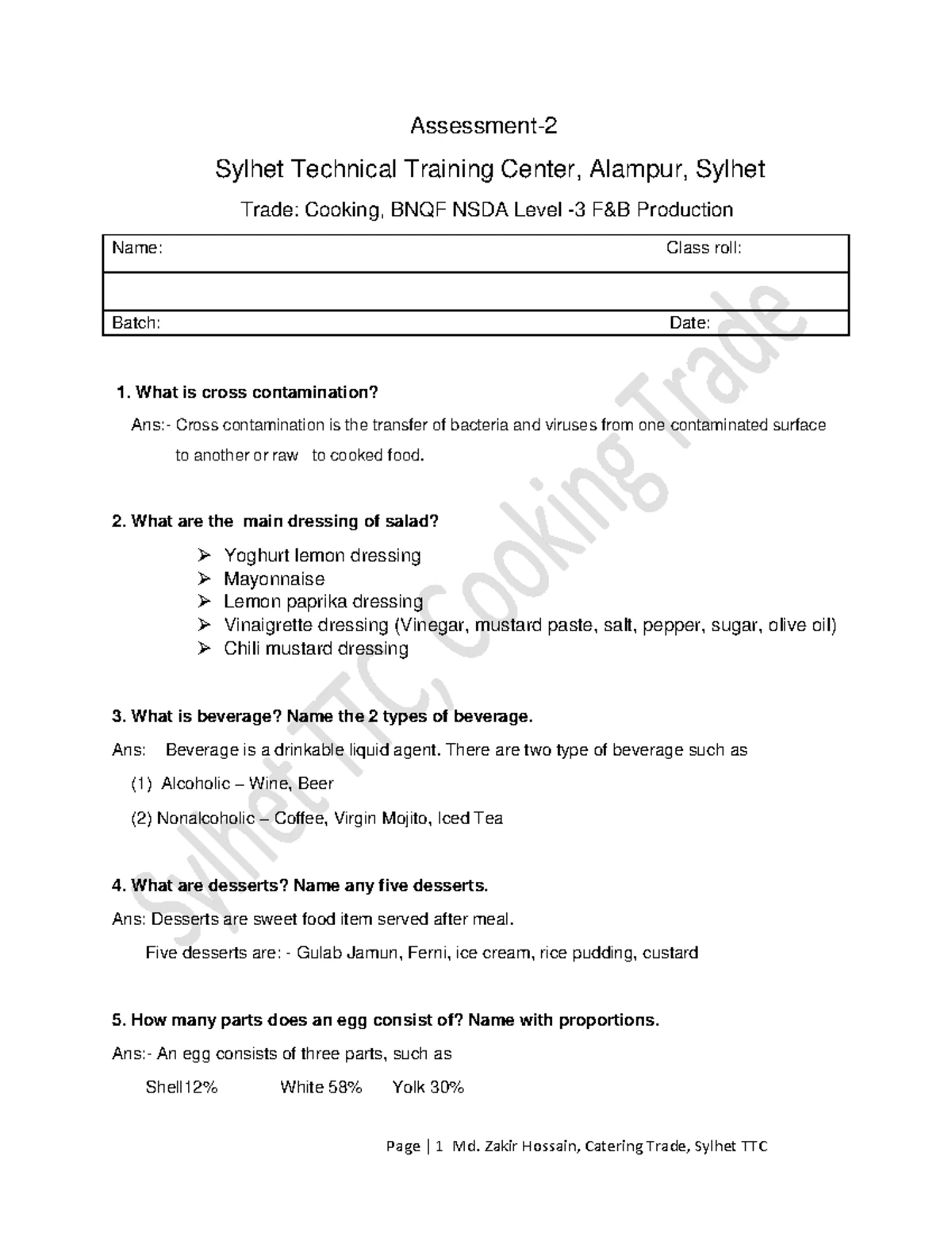 Cooking trade assessment answers: NSDA level 4 - Studocu