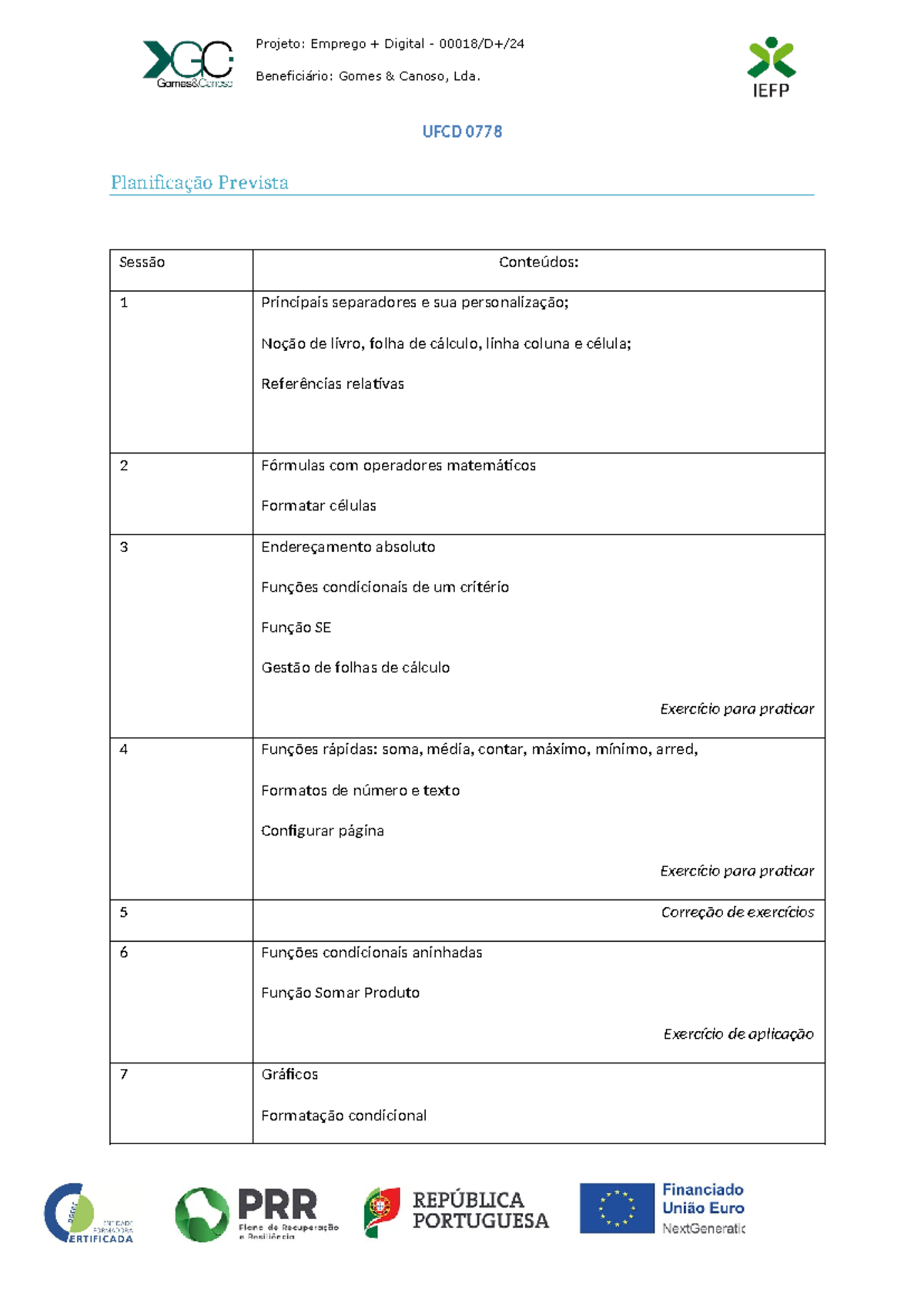 Exercícios de Prática em Folhas de Cálculo - UFCD 0778 - Document Preview