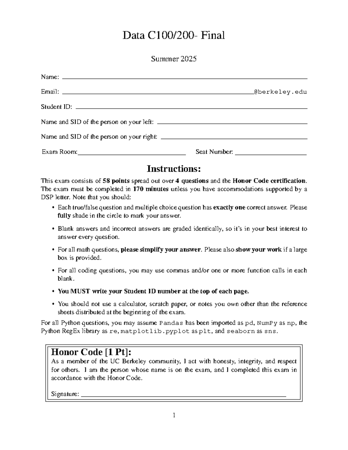 Data 100 Final Exam Summer 2025: Comprehensive Review Guide - Studocu