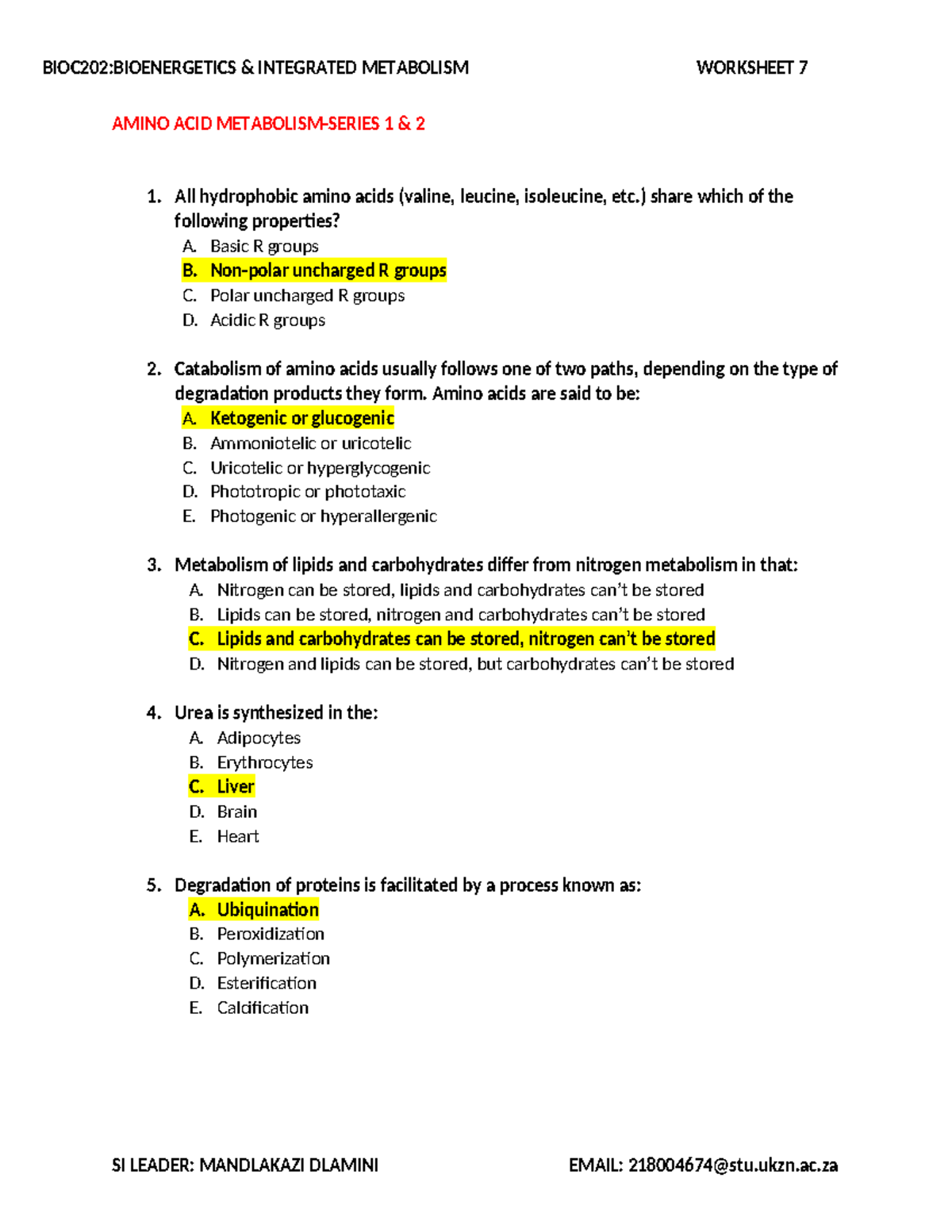 BIOC202: Bioenergetics Integrated Metabolism Worksheet 7 - Amino Acids ...
