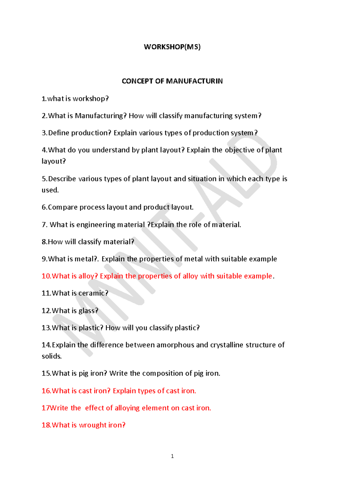 Total Workshop Questions - WORKSHOP(MS) CONCEPT OF MANUFACTURIN 1 .what ...
