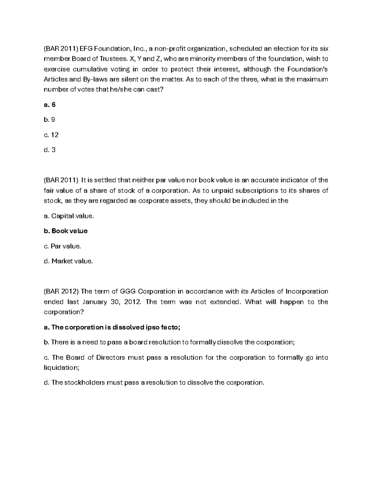 (BAR 2011) Reg2 Corporation Election & Dissolution Questions - Studocu