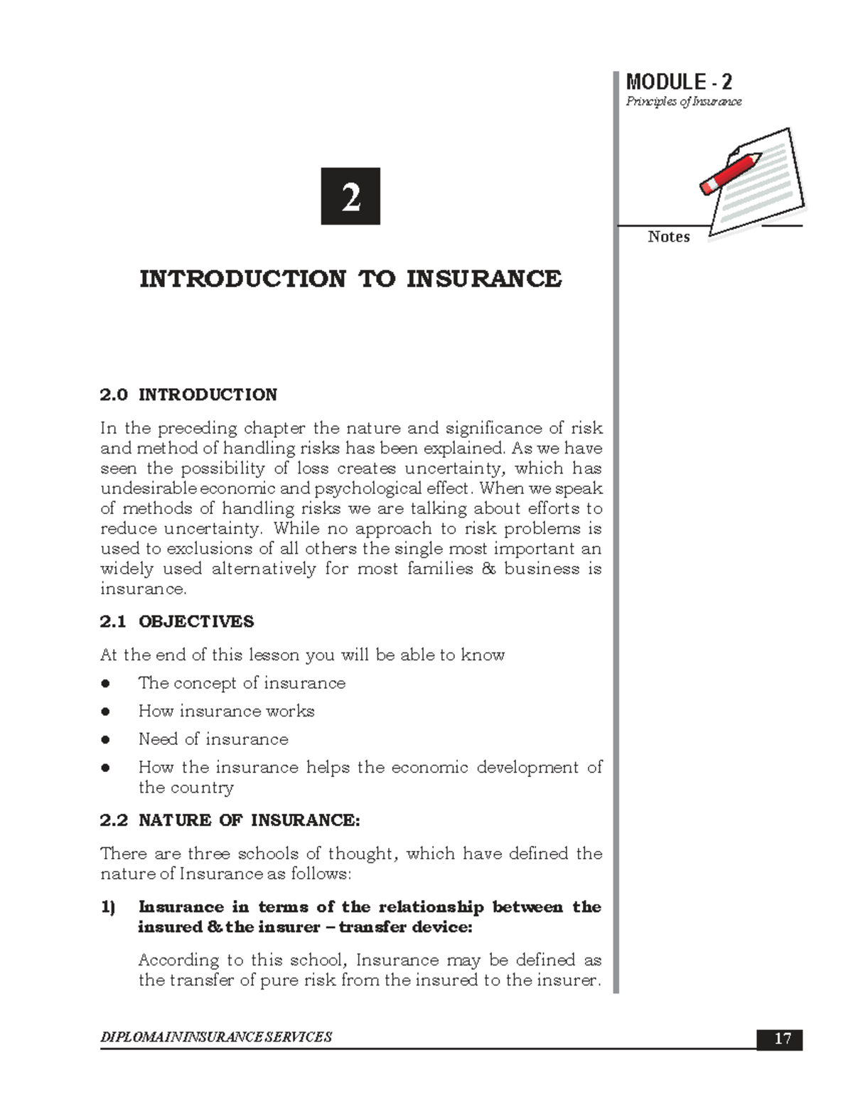 MODULE 2: Introduction to Insurance Principles of Insurance - Notes ...
