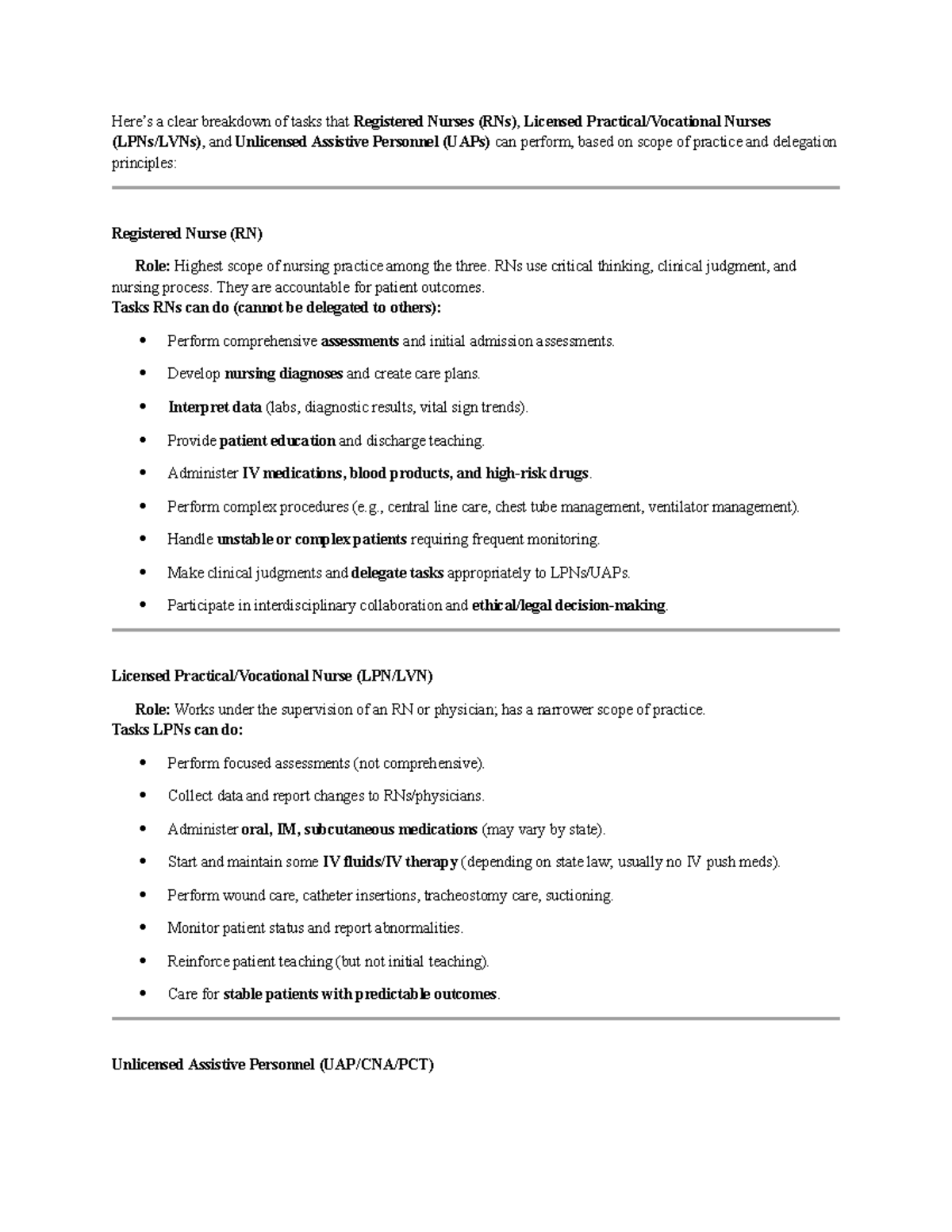 Delegation Study Notes: RN, LPN, and UAP Task Breakdown - Studocu