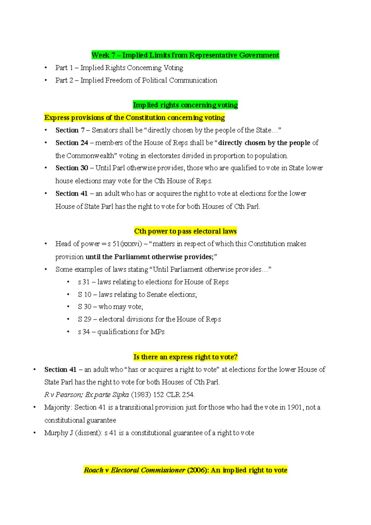 Week 7 – Implied Rights and Limits in Representative Government - Studocu