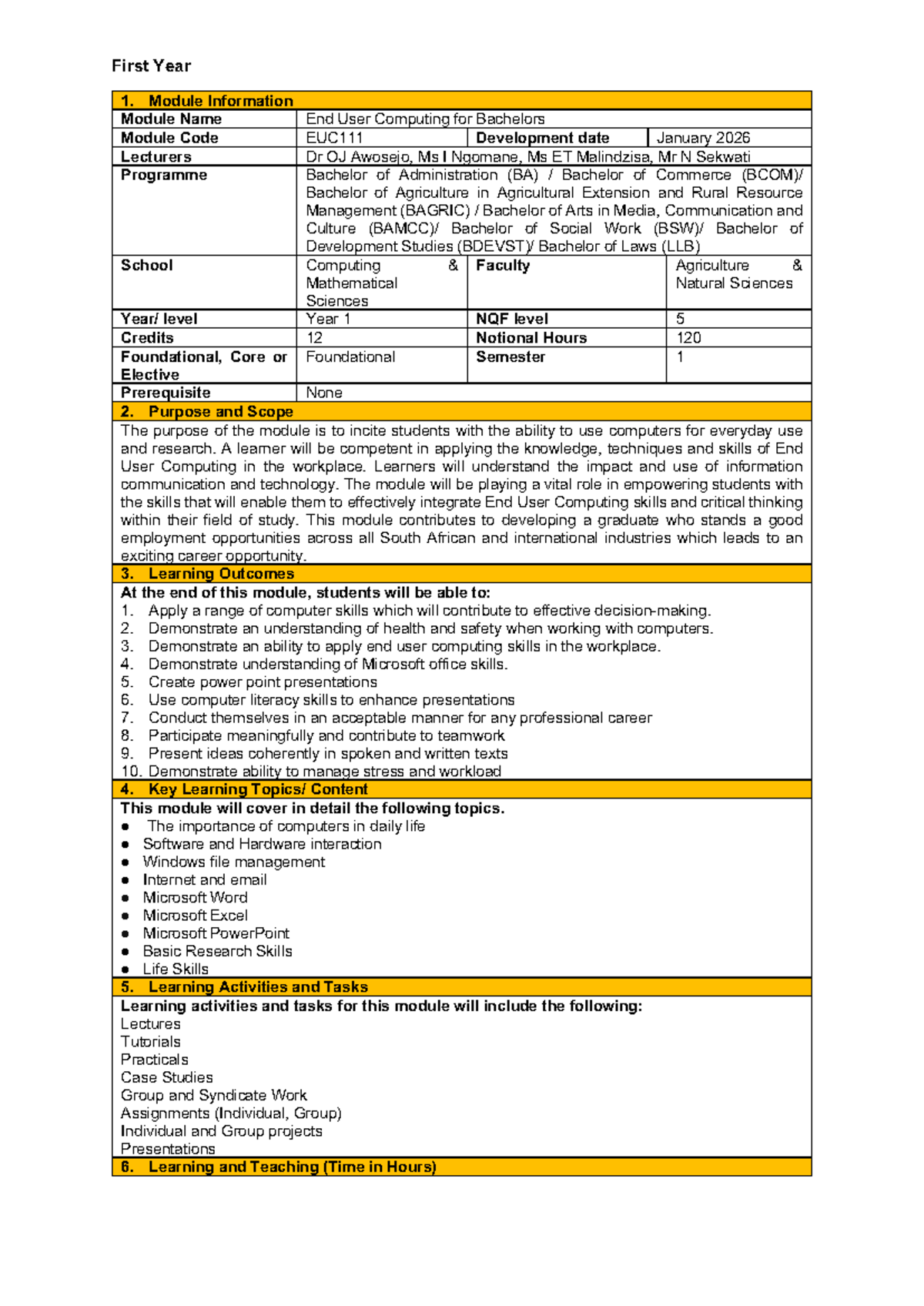 EUC111 End User Computing Module Outline - Year 1 (2026) - Studocu