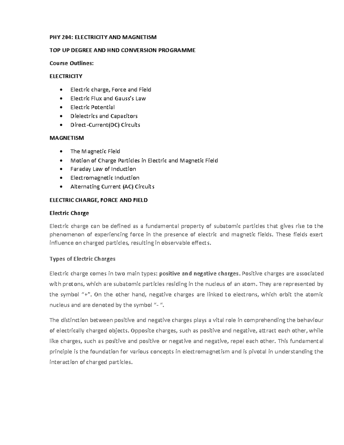PHY 204: Electricity and Magnetism Course Outline and Key Concepts ...