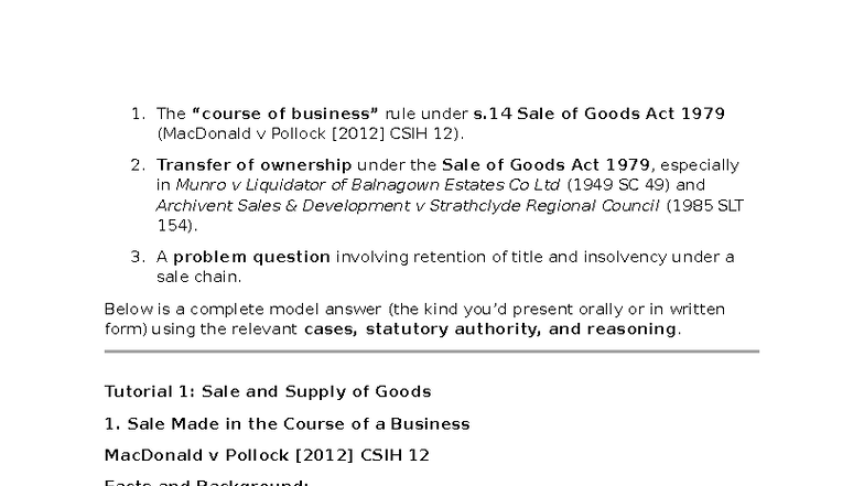 Tutorial 1: Sale of Goods Act 1979 - Key Cases & Concepts - Studocu