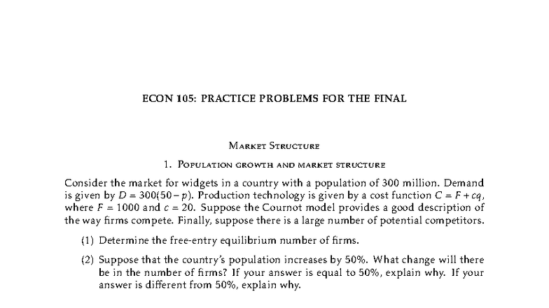 ECON 105: Practice Problems for the Final Exam on Market Structures ...