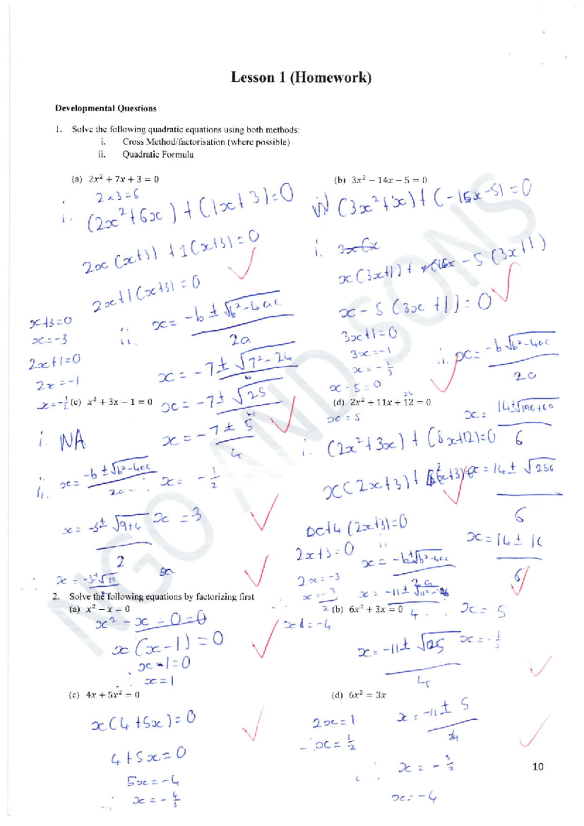 Lesson 1 (Homework) on Solving Quadratic Equations - Studocu