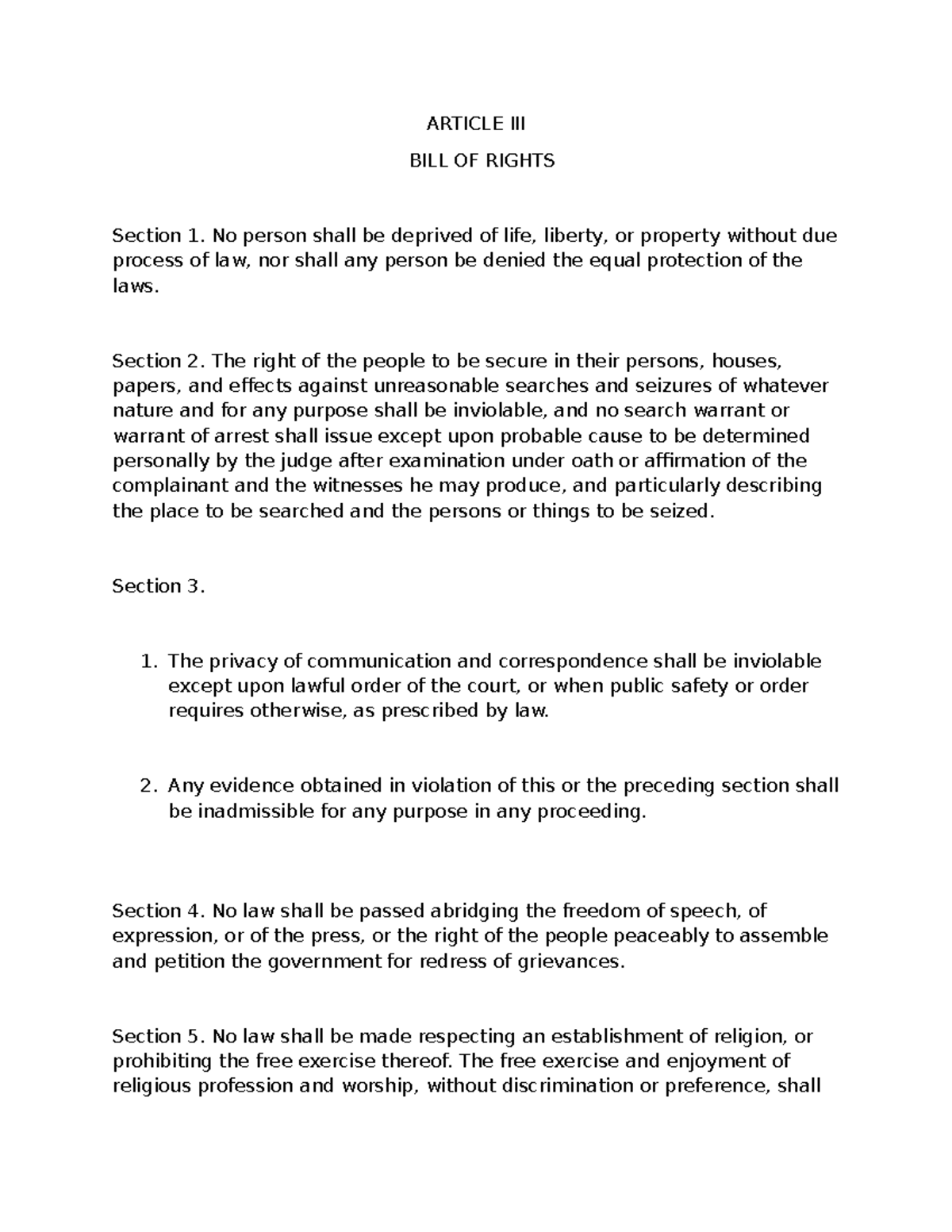 Article III: Bill of Rights Sections 1-22 Overview and Analysis - Studocu