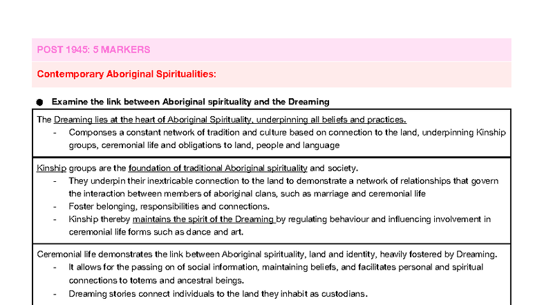 POST 1945: Examining Aboriginal Spiritualities and the Dreaming - Studocu