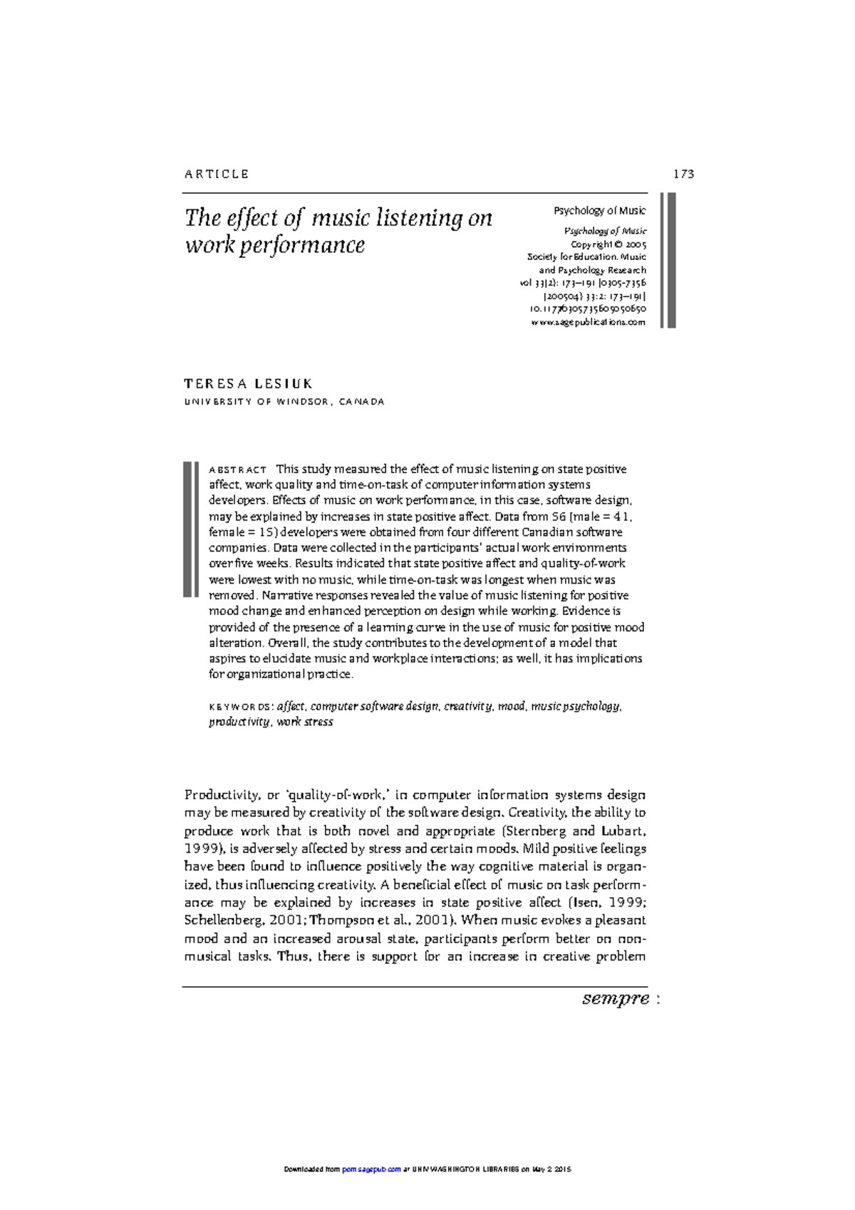 The effect of music listening on work performance in psychology 173 ...