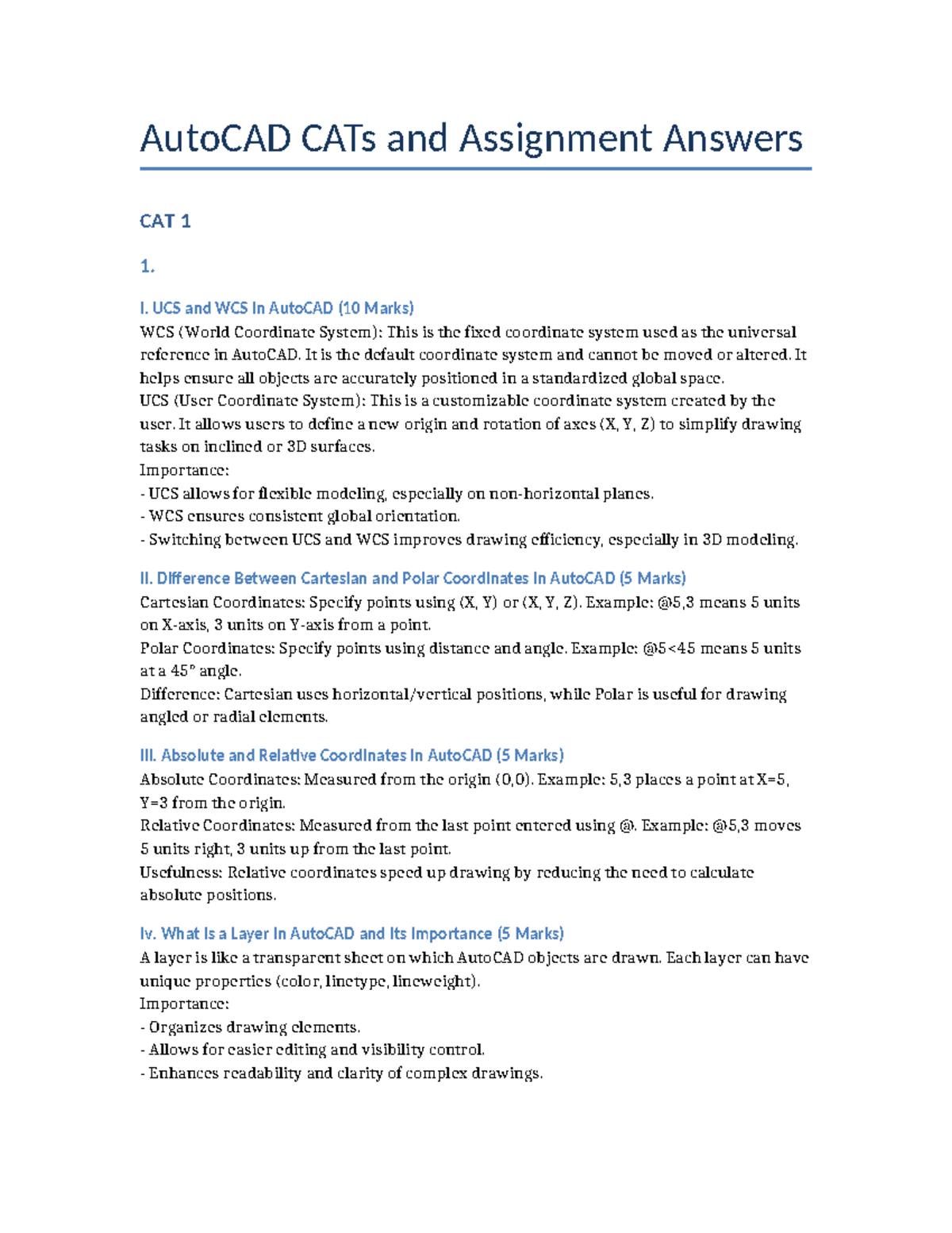 AutoCAD CAT 1 Assignment Answers: UCS, Coordinates & Layers - Studocu