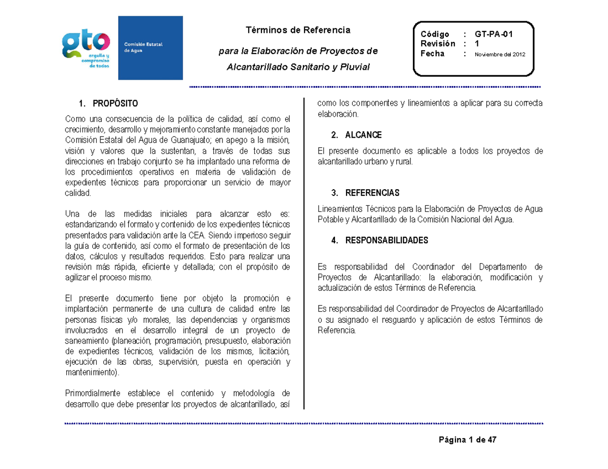 Términos de Referencia para Proyectos de Alcantarillado Sanitario - GT-PA- - Document Preview