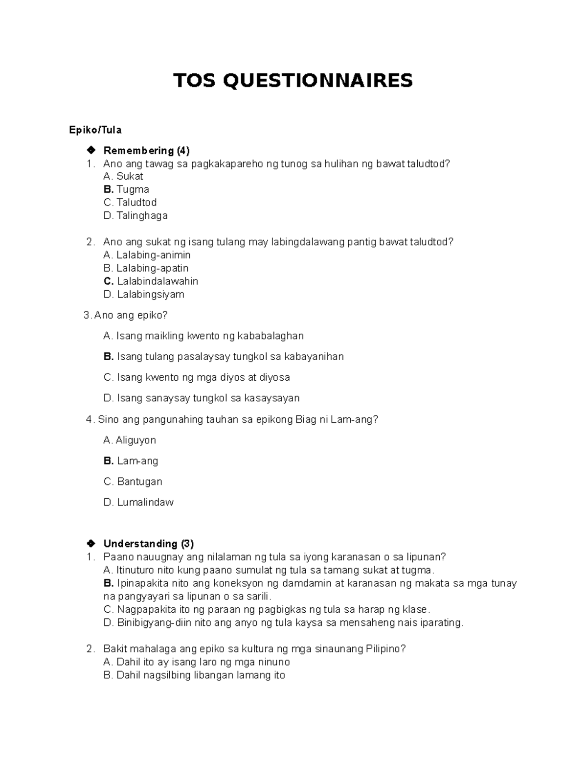 TOS Questionnaires: Understanding Poetry and Epics - Studocu