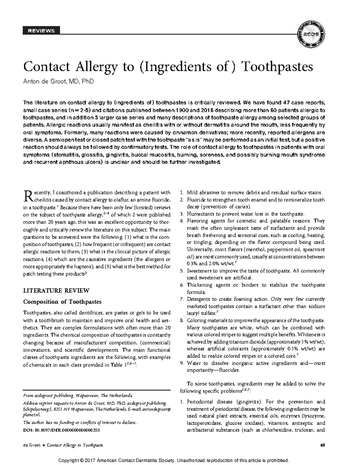 Contact Allergy to Toothpastes: A Comprehensive Literature Review (MD ...