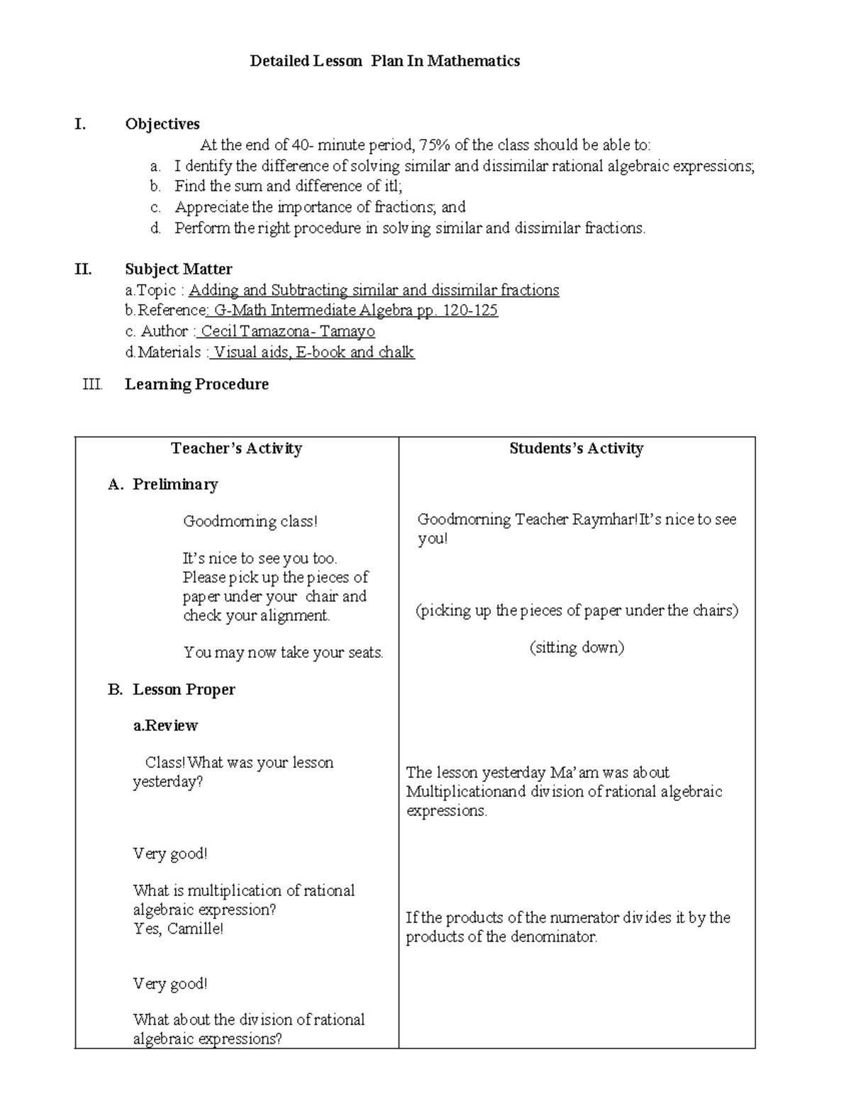 Math Lesson Plan: Adding & Subtracting Rational Expressions - Document Preview